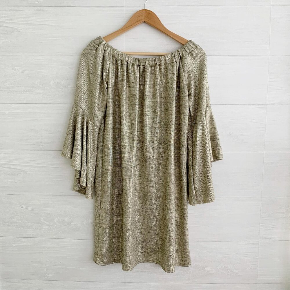 Kaktus - Gold metallic off-shoulder dress oversize top bell sleeves, S